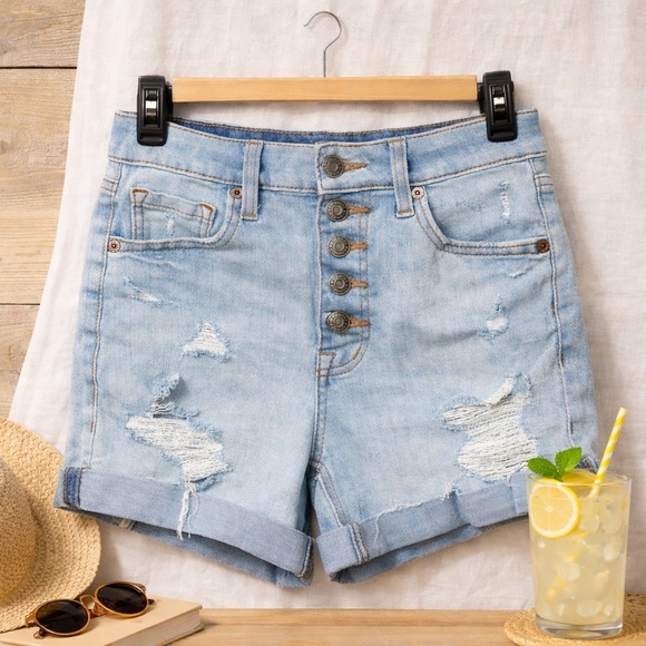Aeropostale Pants - Aeropostale Super High Rise MIDI Light Blue Distressed Jean Shorts